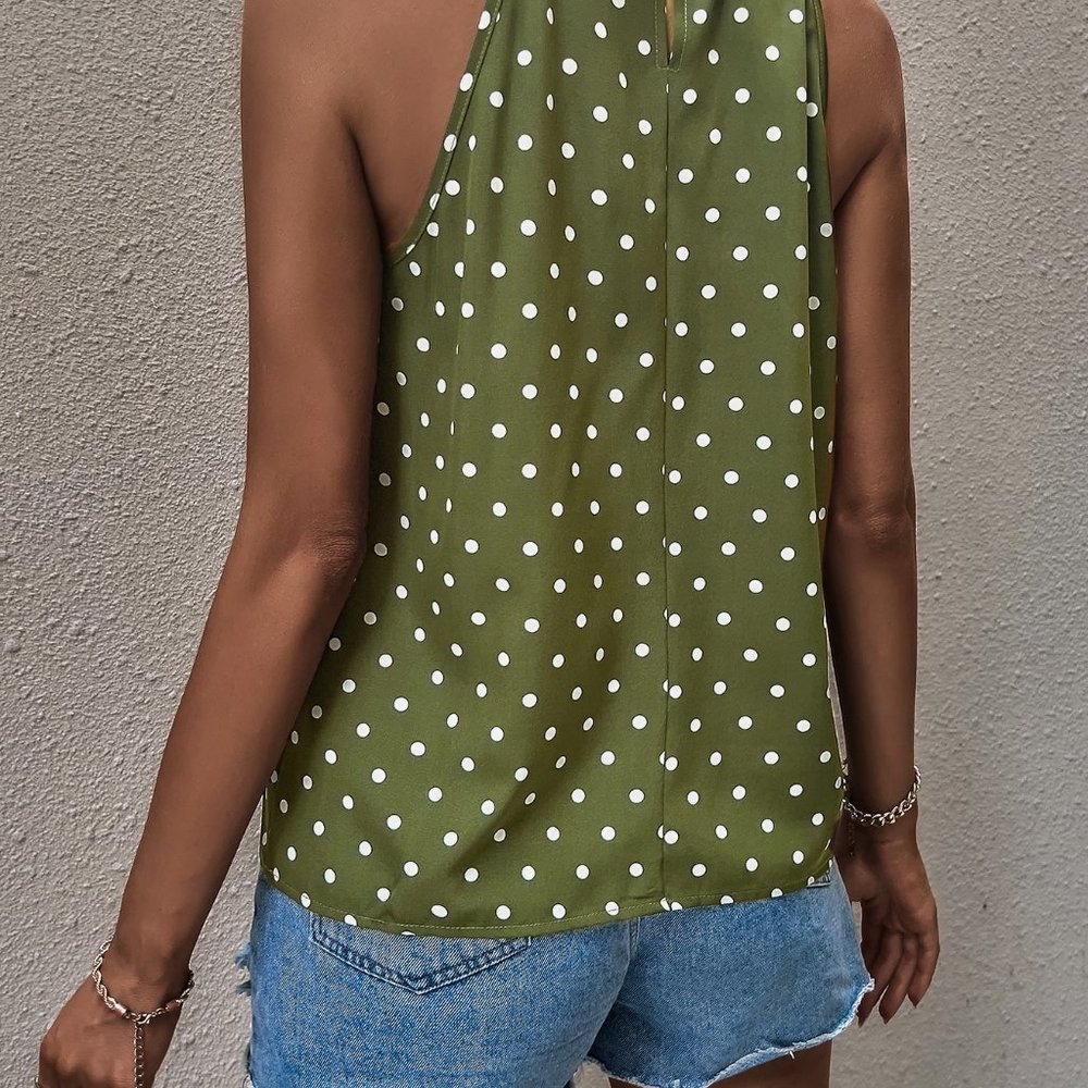New Polka Dot Print Frill Trim Blouse Green - Picture 3 of 6